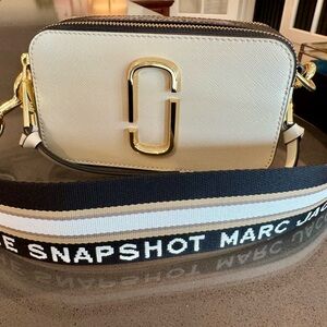 Marc Jacobs Ivory and Black Snapshot Crossbody Bag with Stripe Strap